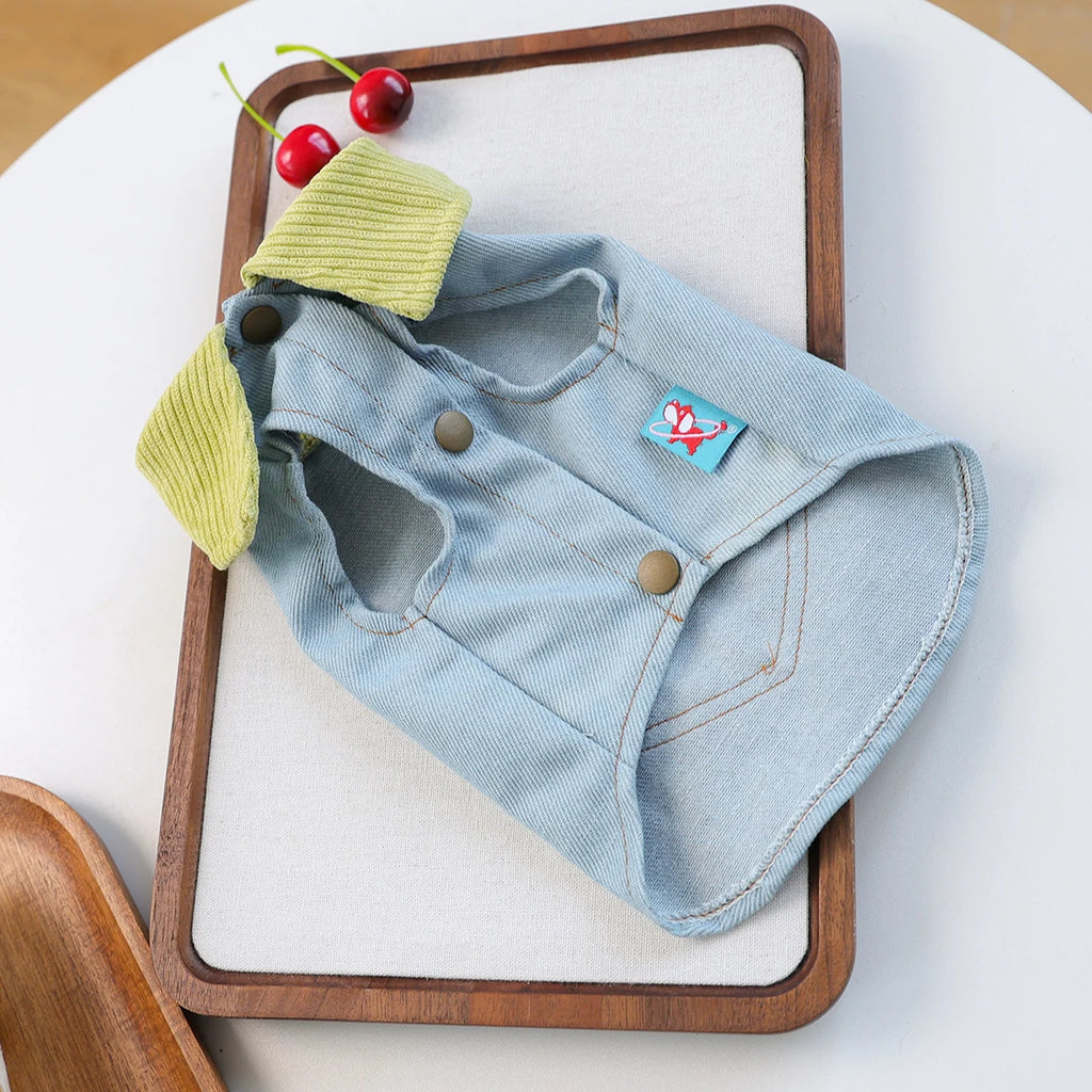 Flower Pocket Pet Denim Vest, Light Blue with Lime Green Collar, Sleeveless with D-Ring, Two-Legged Jacket for Small Dogs & Cats