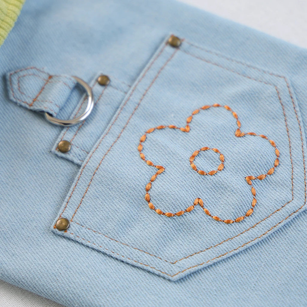 Flower Pocket Pet Denim Vest, Light Blue with Lime Green Collar, Sleeveless with D-Ring, Two-Legged Jacket for Small Dogs & Cats