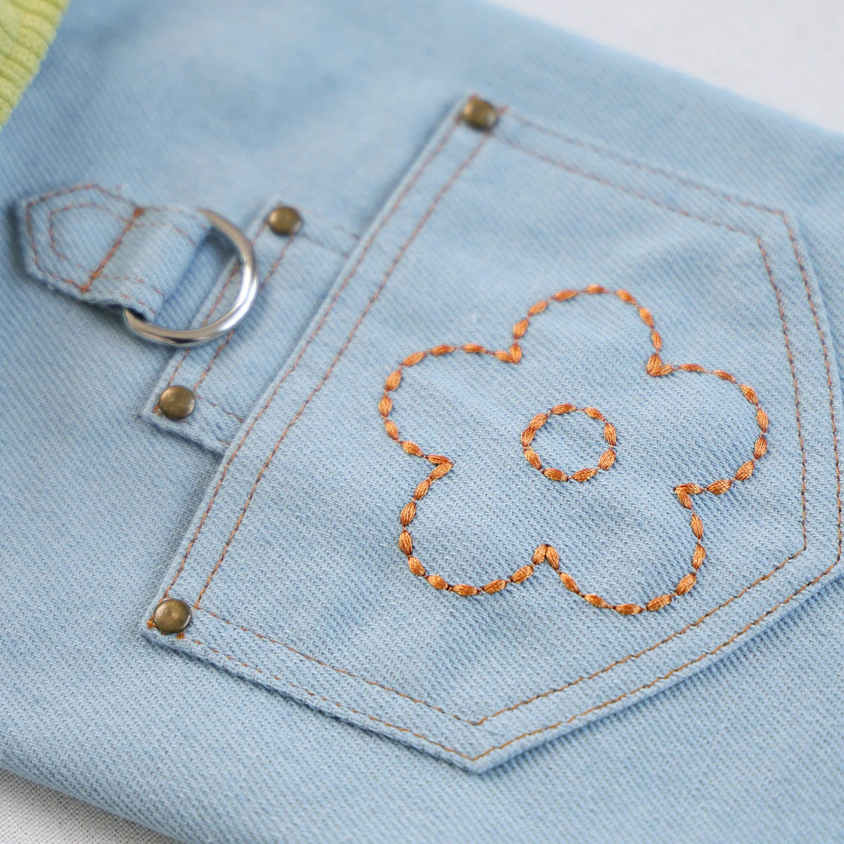 Flower Pocket Pet Denim Vest, Light Blue with Lime Green Collar, Sleeveless with D-Ring, Two-Legged Jacket for Small Dogs & Cats